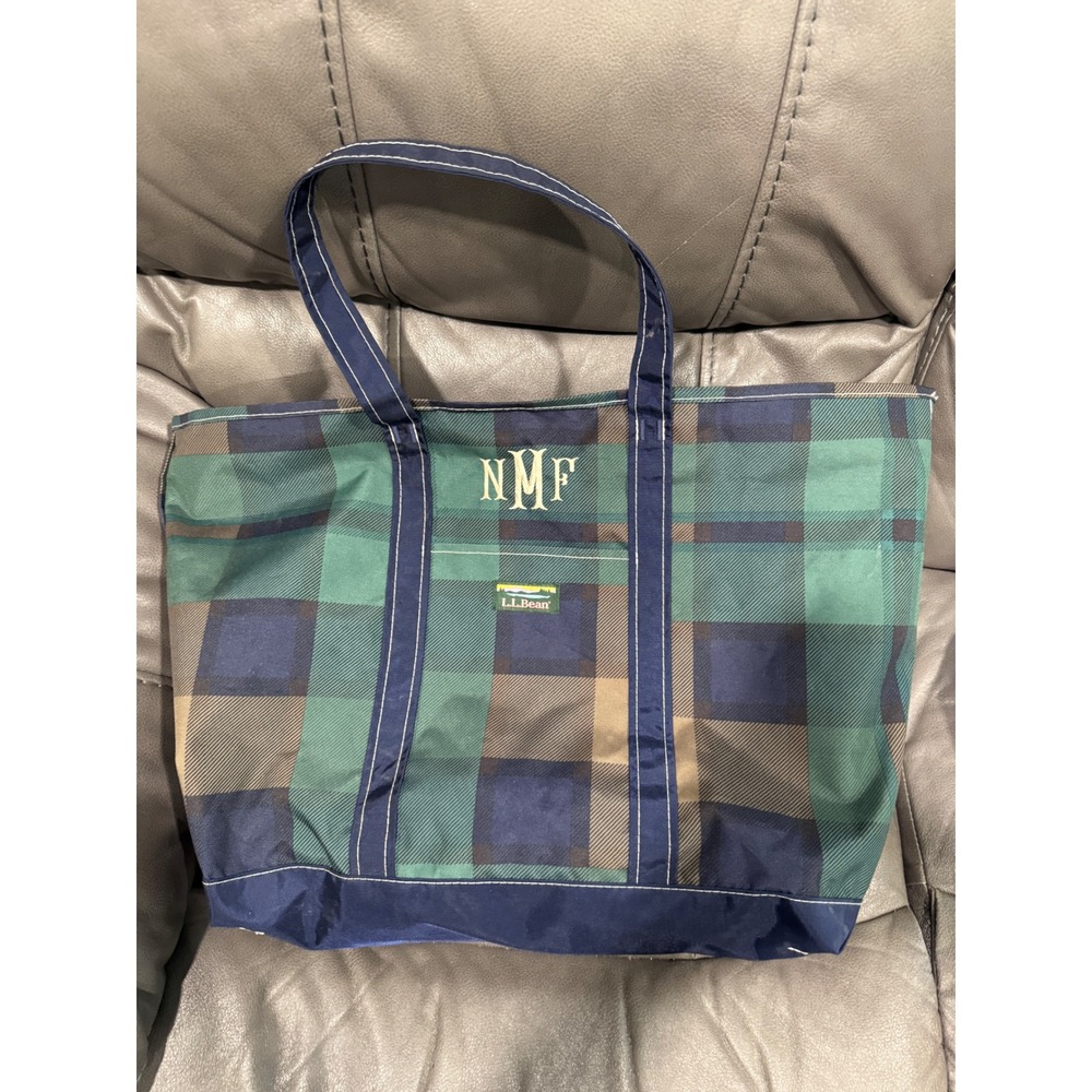 LL Bean Hunters Tote Bag Green Navy Plaid Monogram Large Nylon Travel Bag‎